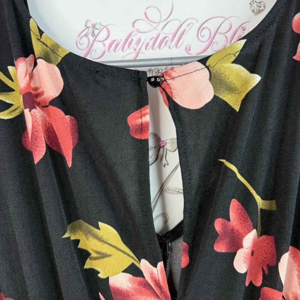 YOINS pants suit jumper romper flowy ruffle sleeve Black Pink Floral Jumpsuit